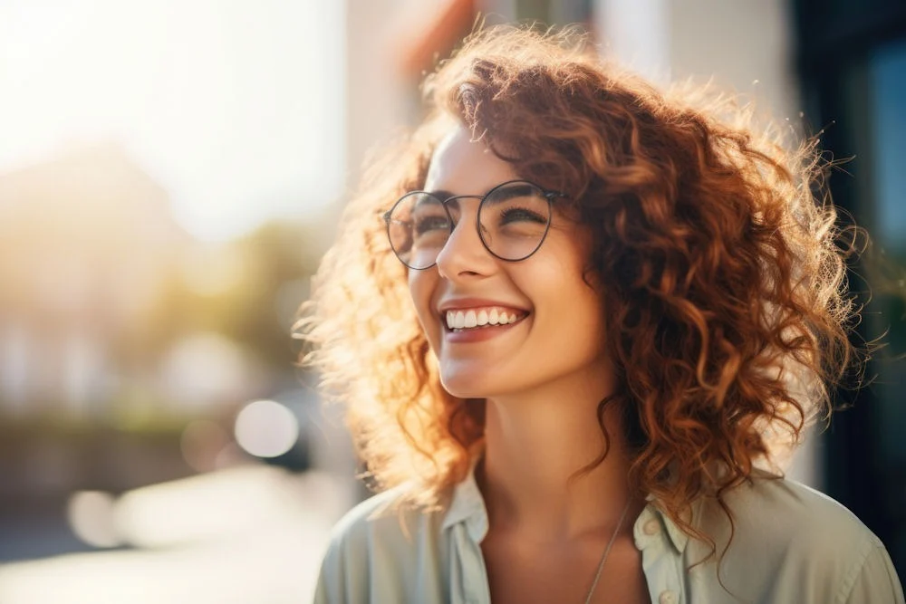 a woman smiling outside