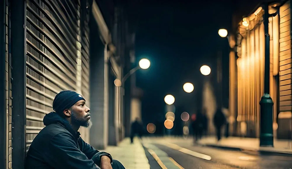 homeless man sitting on the ground showing signs of substance abuse struggles