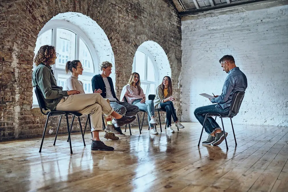group therapy session at a sober living home in Los Angeles, California