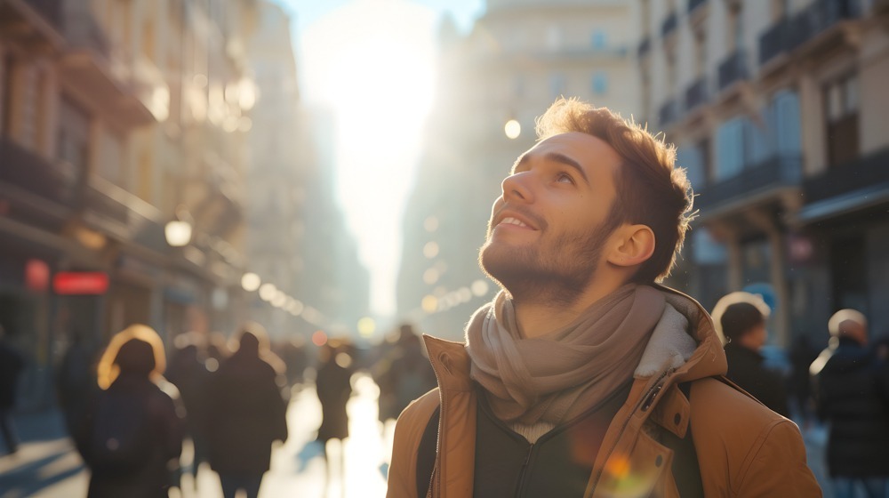 a man looking up outside