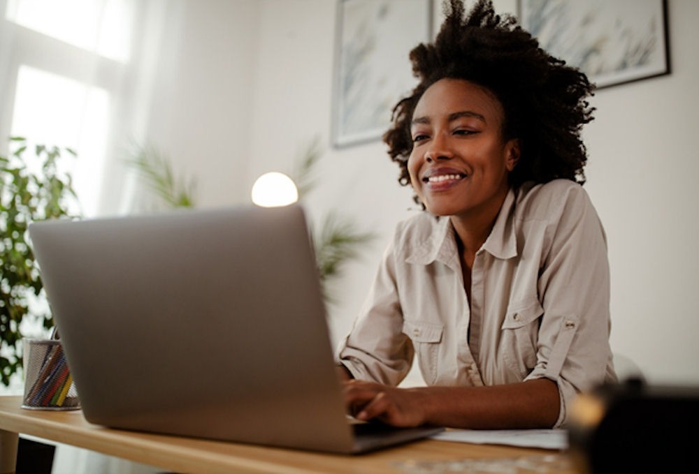 a woman talking in her virtual iop