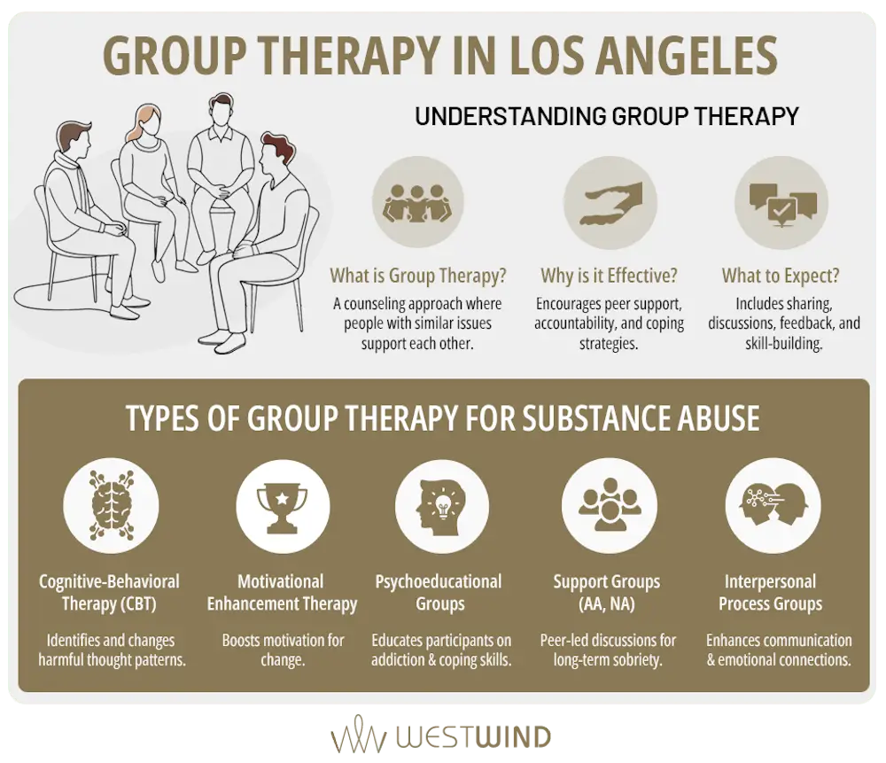 infographic explains group therapy and its types for substance abuse