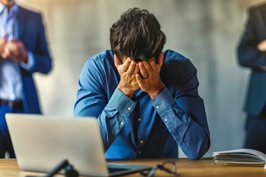 a man with his hands on his face at work