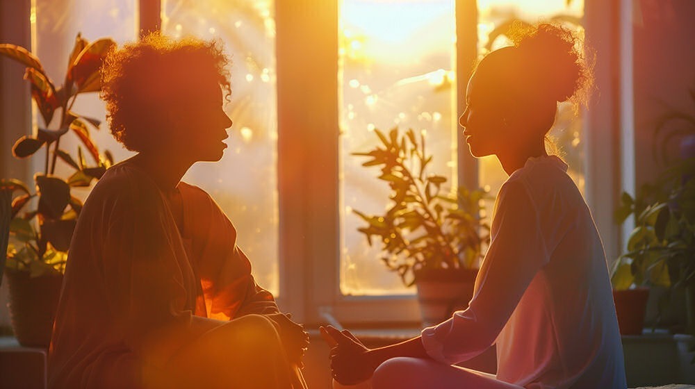 two girls having a conversation during the sunset