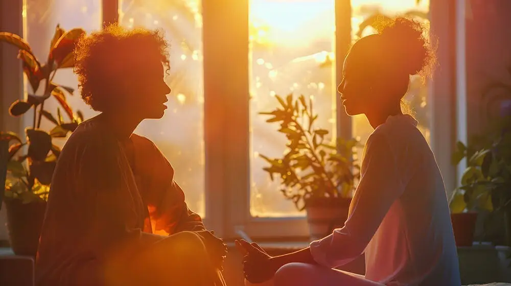 two girls having a conversation during the sunset